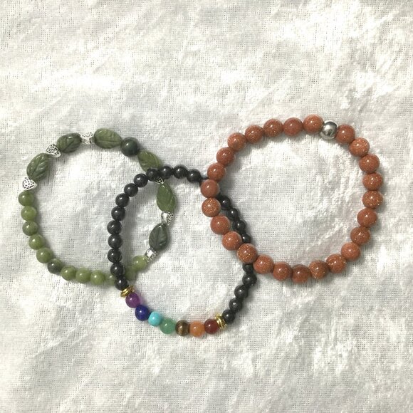 New 3pc Natural Stone Stretch Bracelet Set - Mixed Gemstone Beads Boho Stackable - Picture 2 of 10